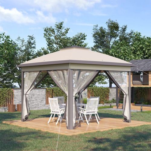 Double Roof 11' x 11' Pop Up Gazebo with Mesh Sidewalls and Carry Bag, Beige