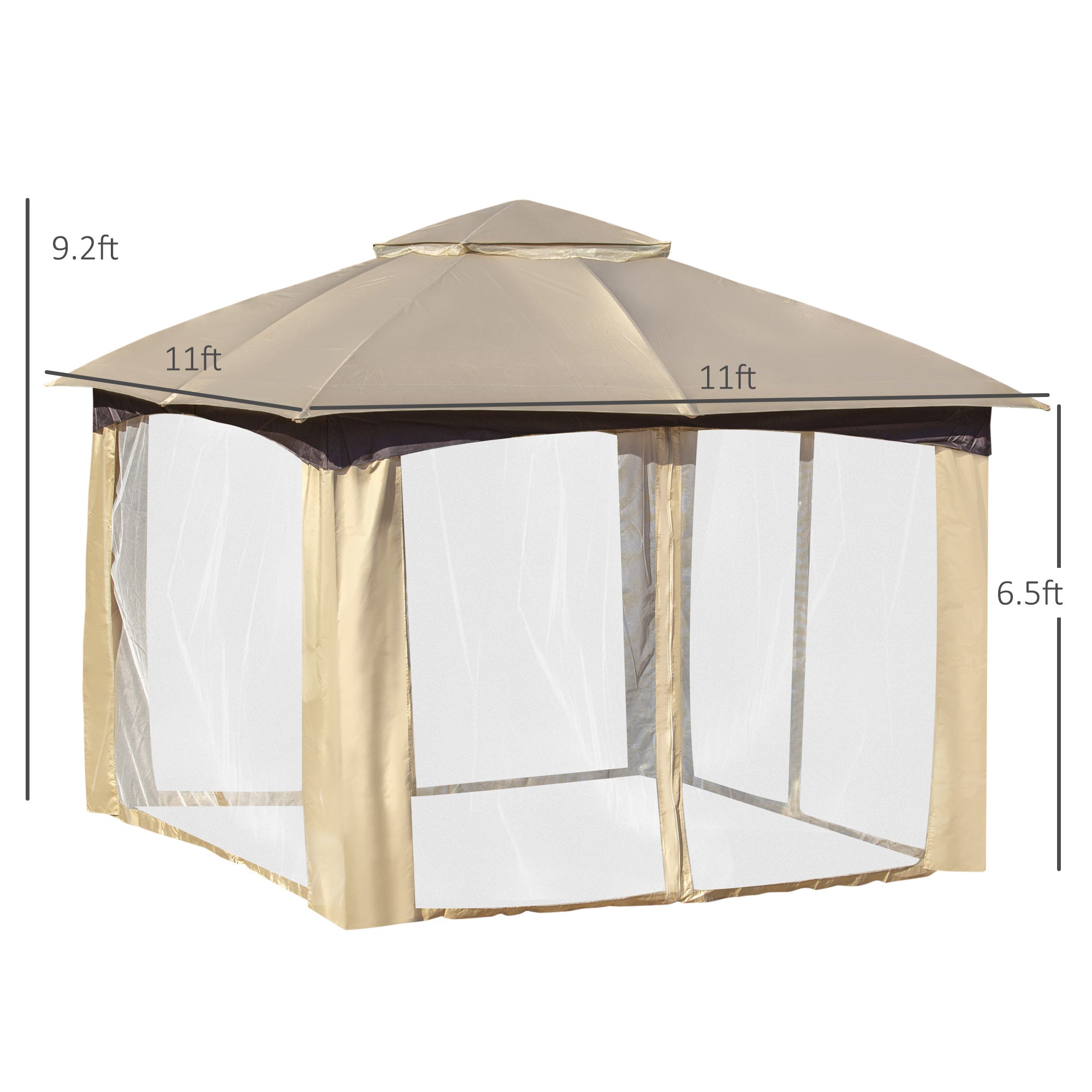 11' x 11' Steel Gazebo Canopy Party Tent Shelter with Double Roof, Netting Sidewalls, Corner Curtains, Beige Gazebos   at Gallery Canada