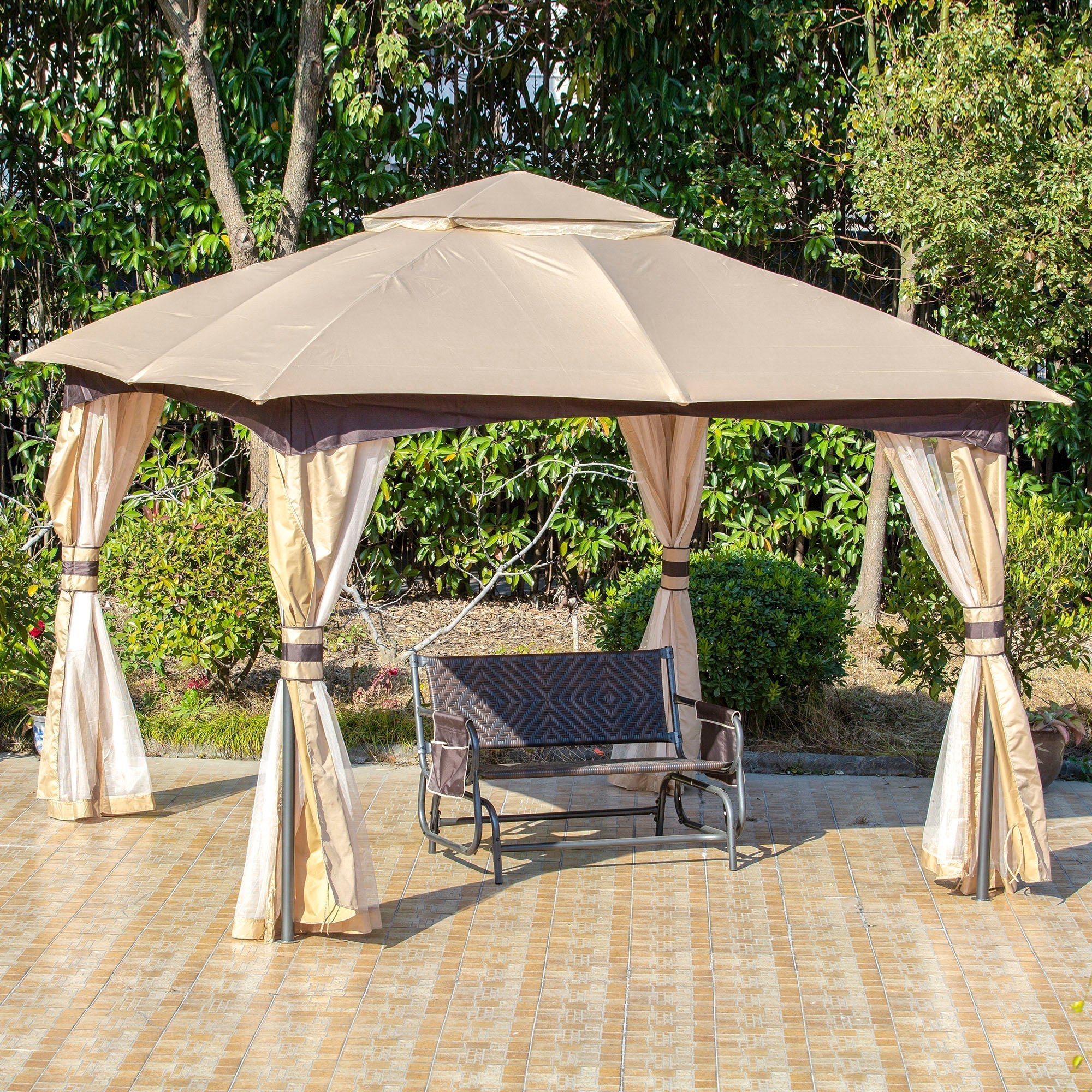 11' x 11' Steel Gazebo Canopy Party Tent Shelter with Double Roof, Netting Sidewalls, Corner Curtains, Beige Gazebos   at Gallery Canada