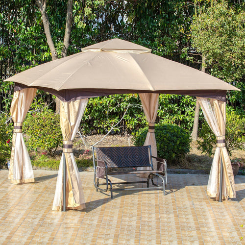 11' x 11' Steel Gazebo Canopy Party Tent Shelter with Double Roof, Netting Sidewalls, Corner Curtains, Beige