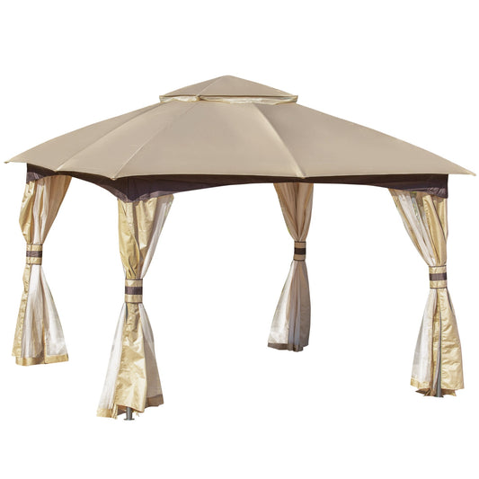 11' x 11' Steel Gazebo Canopy Party Tent Shelter with Double Roof, Netting Sidewalls, Corner Curtains, Beige - Gallery Canada