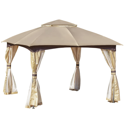 11' x 11' Steel Gazebo Canopy Party Tent Shelter with Double Roof, Netting Sidewalls, Corner Curtains, Beige