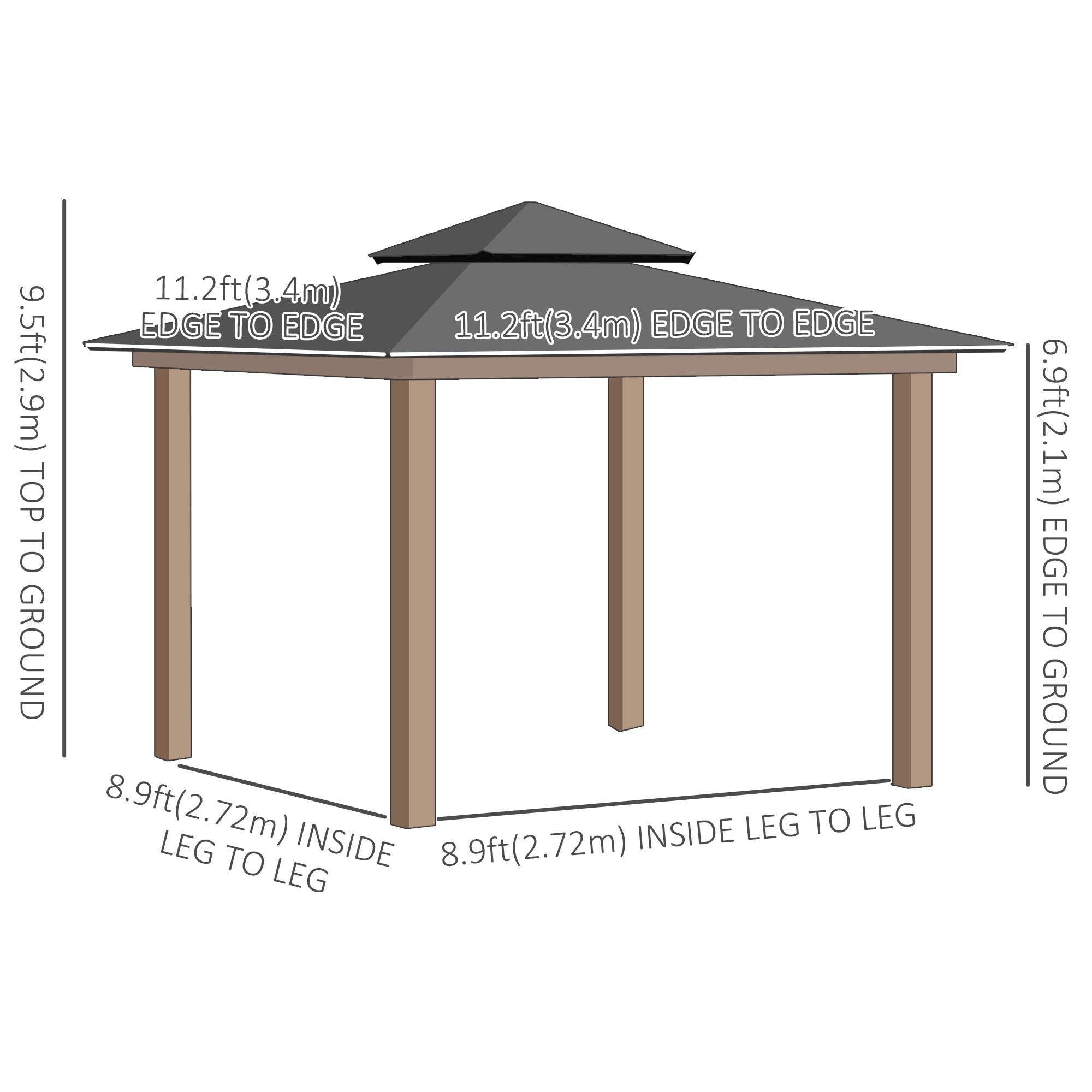 11' x 11' Wood Frame Hardtop Gazebo Galvanized Steel Canopy Outdoor Shelter with Double Vented Roof for Garden, Lawn, Poolside, Black Gazebos   at Gallery Canada