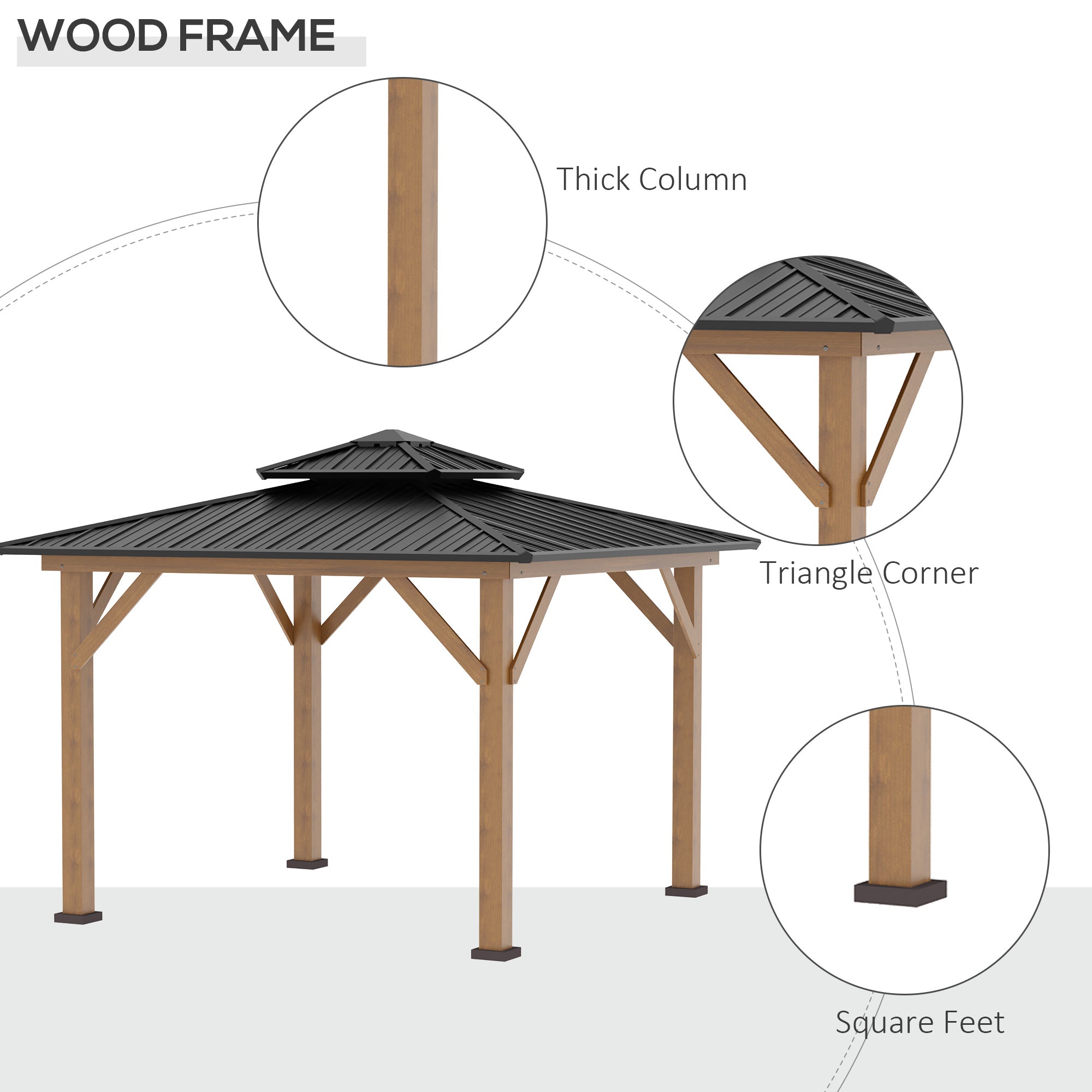 11' x 11' Wood Frame Hardtop Gazebo Galvanized Steel Canopy Outdoor Shelter with Double Vented Roof for Garden, Lawn, Poolside, Black Gazebos   at Gallery Canada