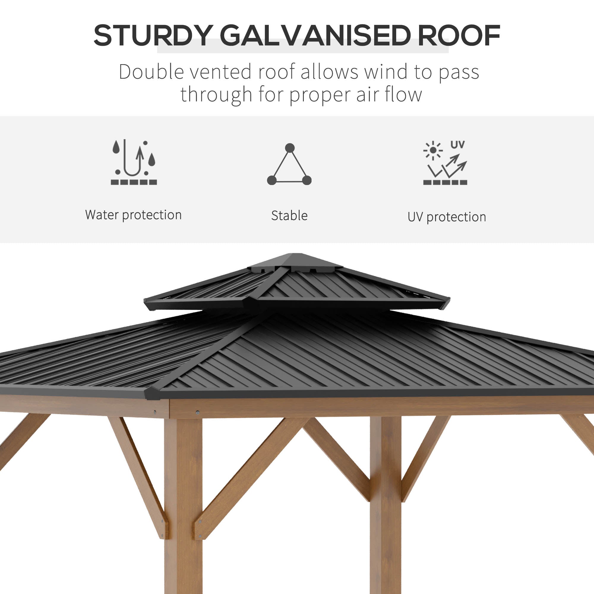 11' x 11' Wood Frame Hardtop Gazebo Galvanized Steel Canopy Outdoor Shelter with Double Vented Roof for Garden, Lawn, Poolside, Black Gazebos   at Gallery Canada