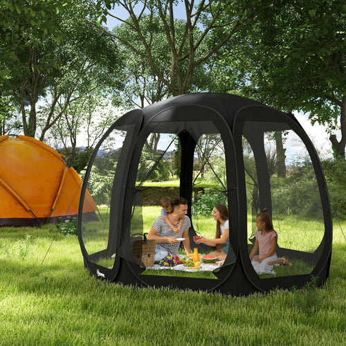 11' x 11.5' Screen Tent, Pop Up Camping Gazebo with Portable Carry Bag and 2 Doors, Black