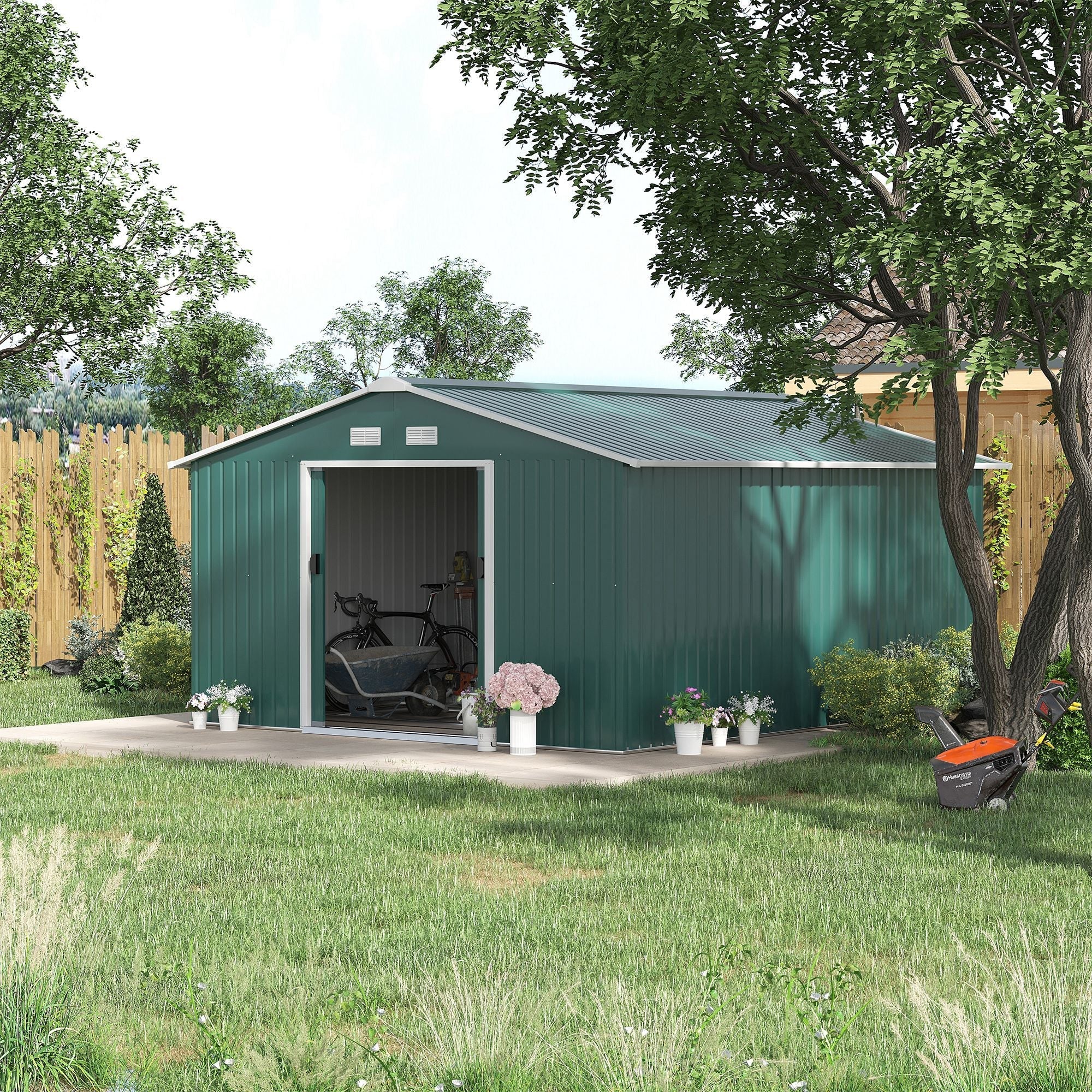 11' x 13' Practical Backyard Garden Storage Tool Shed Double Sliding Door 4 Ventilation Slots, Green Sheds   at Gallery Canada