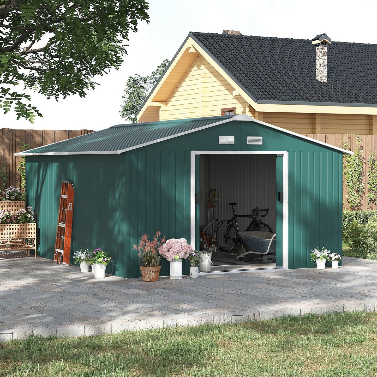 11' x 13' Practical Backyard Garden Storage Tool Shed Double Sliding Door 4 Ventilation Slots, Green Sheds   at Gallery Canada