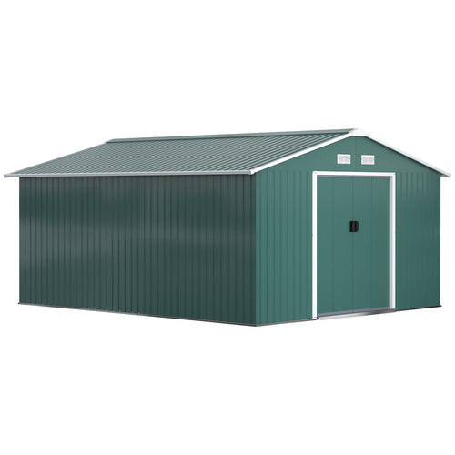 11' x 13' Practical Backyard Garden Storage Tool Shed Double Sliding Door 4 Ventilation Slots, Green