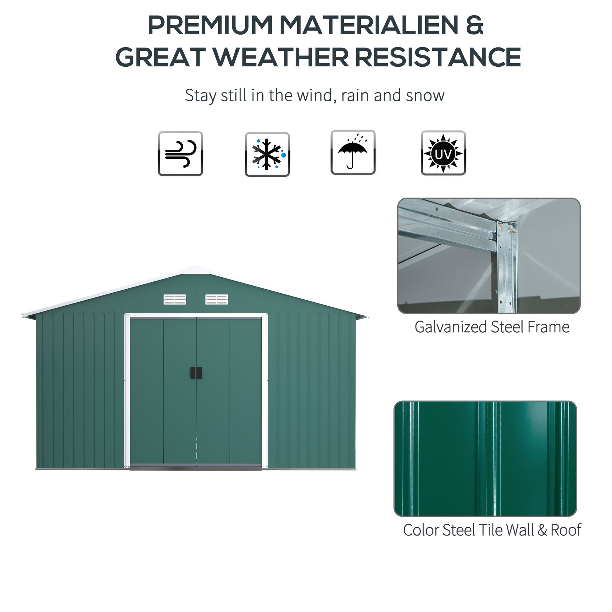 11' x 13' Practical Backyard Garden Storage Tool Shed Double Sliding Door 4 Ventilation Slots, Green Sheds   at Gallery Canada