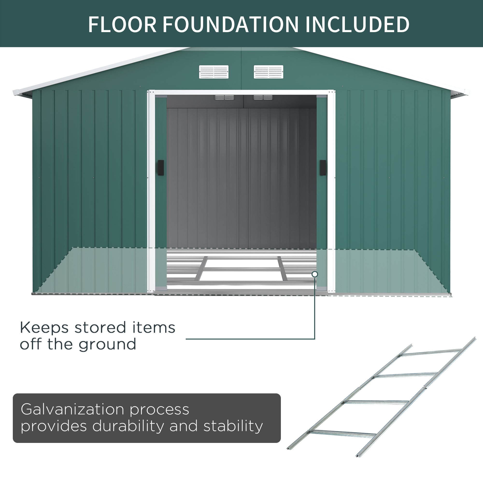 11' x 13' Practical Backyard Garden Storage Tool Shed Double Sliding Door 4 Ventilation Slots, Green Sheds   at Gallery Canada