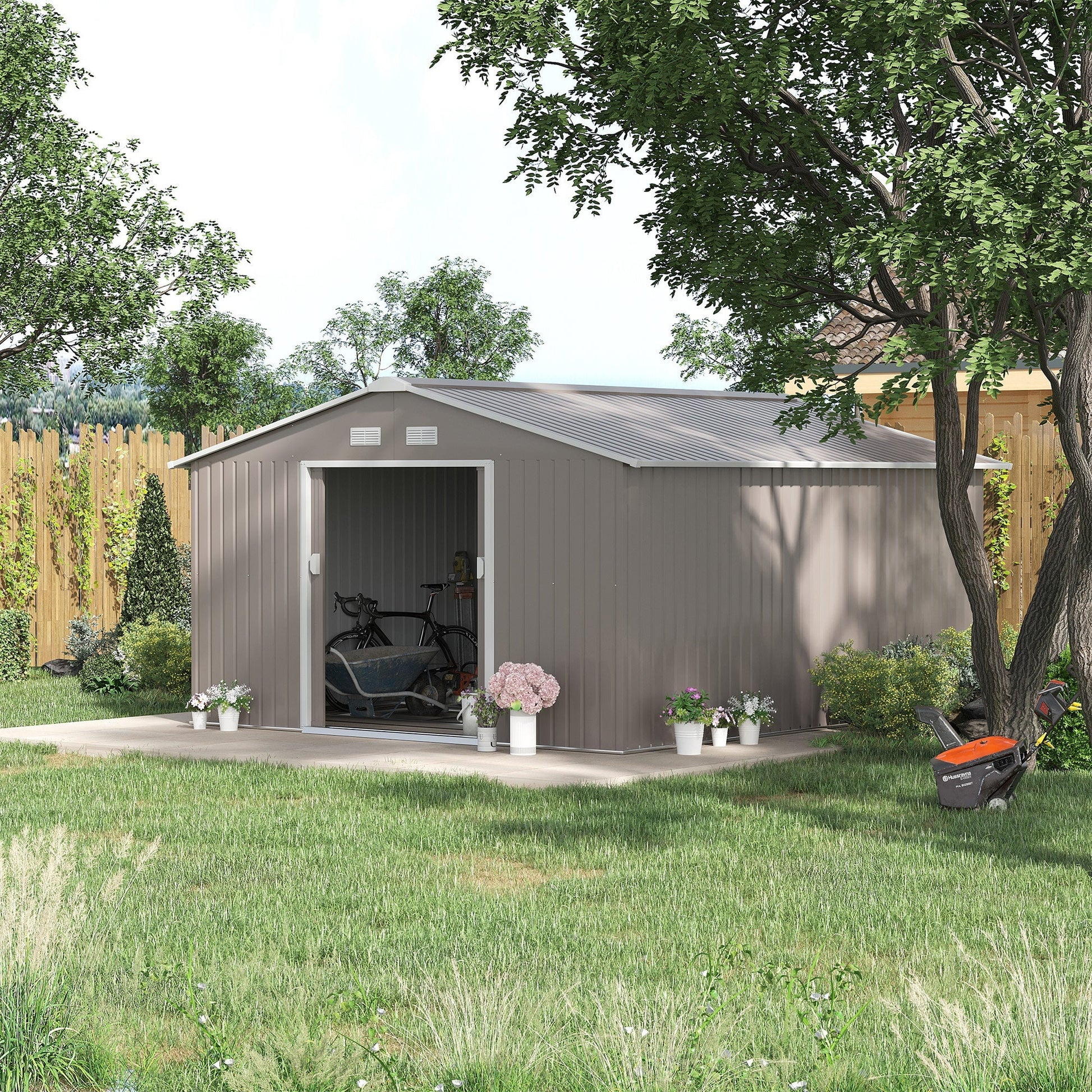 11' x 13' Practical Backyard Garden Storage Tool Shed Double Sliding Door 4 Ventilation Slots, Light Grey Sheds   at Gallery Canada