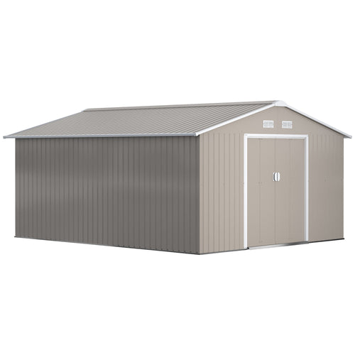 11' x 13' Practical Backyard Garden Storage Tool Shed Double Sliding Door 4 Ventilation Slots, Light Grey