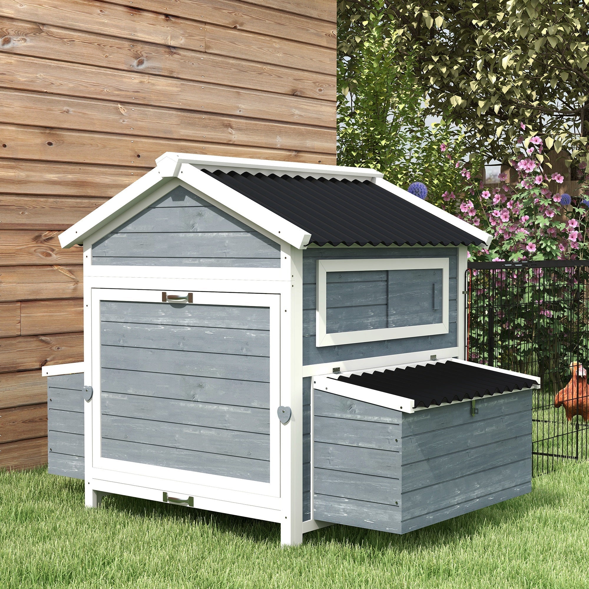 11' x 5' x 3.5' Chicken Coop Wooden with Run, Nesting Boxes Slide-out Tray, Perches for 2-4 Chickens, Dark Grey Chicken Coops   at Gallery Canada