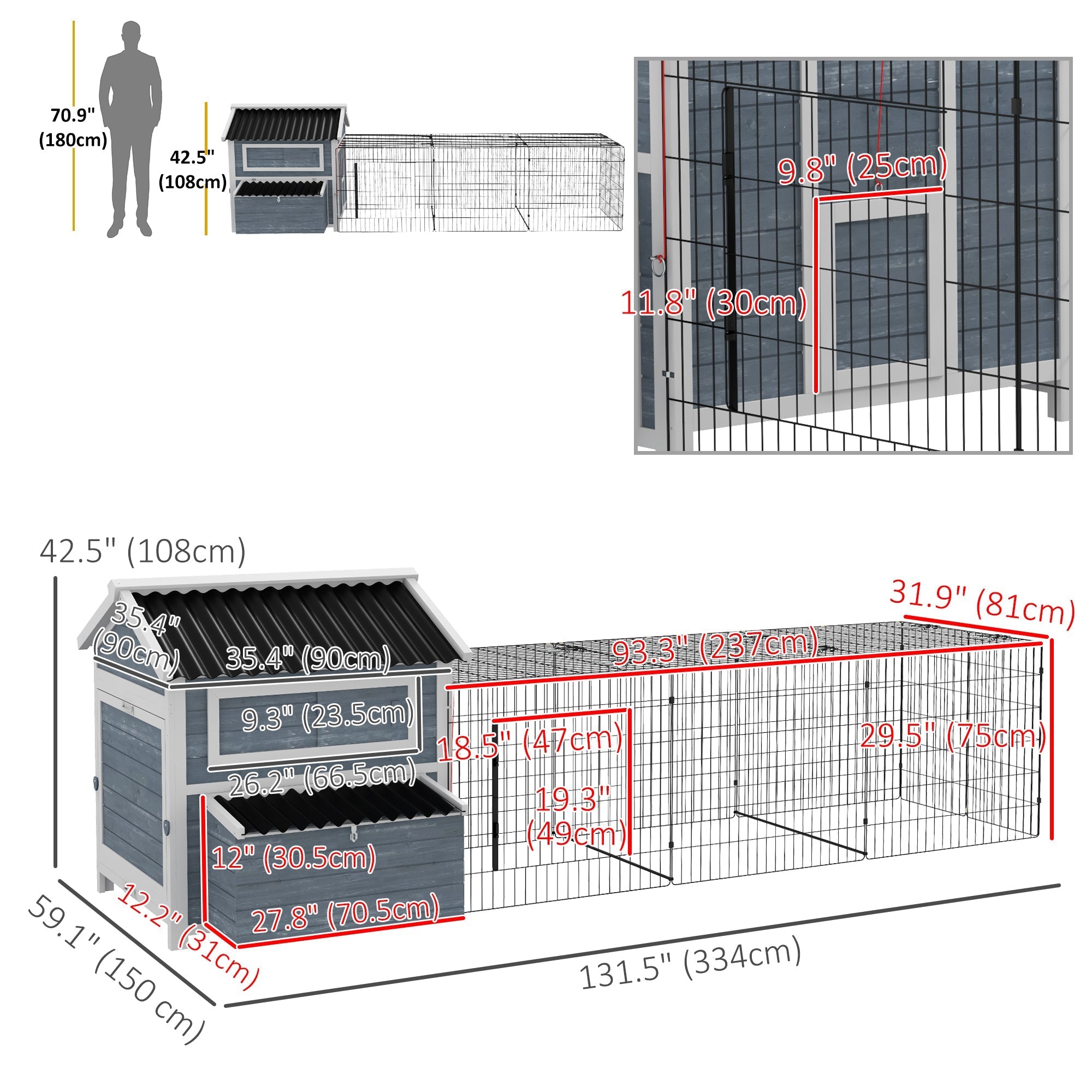 11' x 5' x 3.5' Chicken Coop Wooden with Run, Nesting Boxes Slide-out Tray, Perches for 2-4 Chickens, Dark Grey Chicken Coops Dark Grey  at Gallery Canada