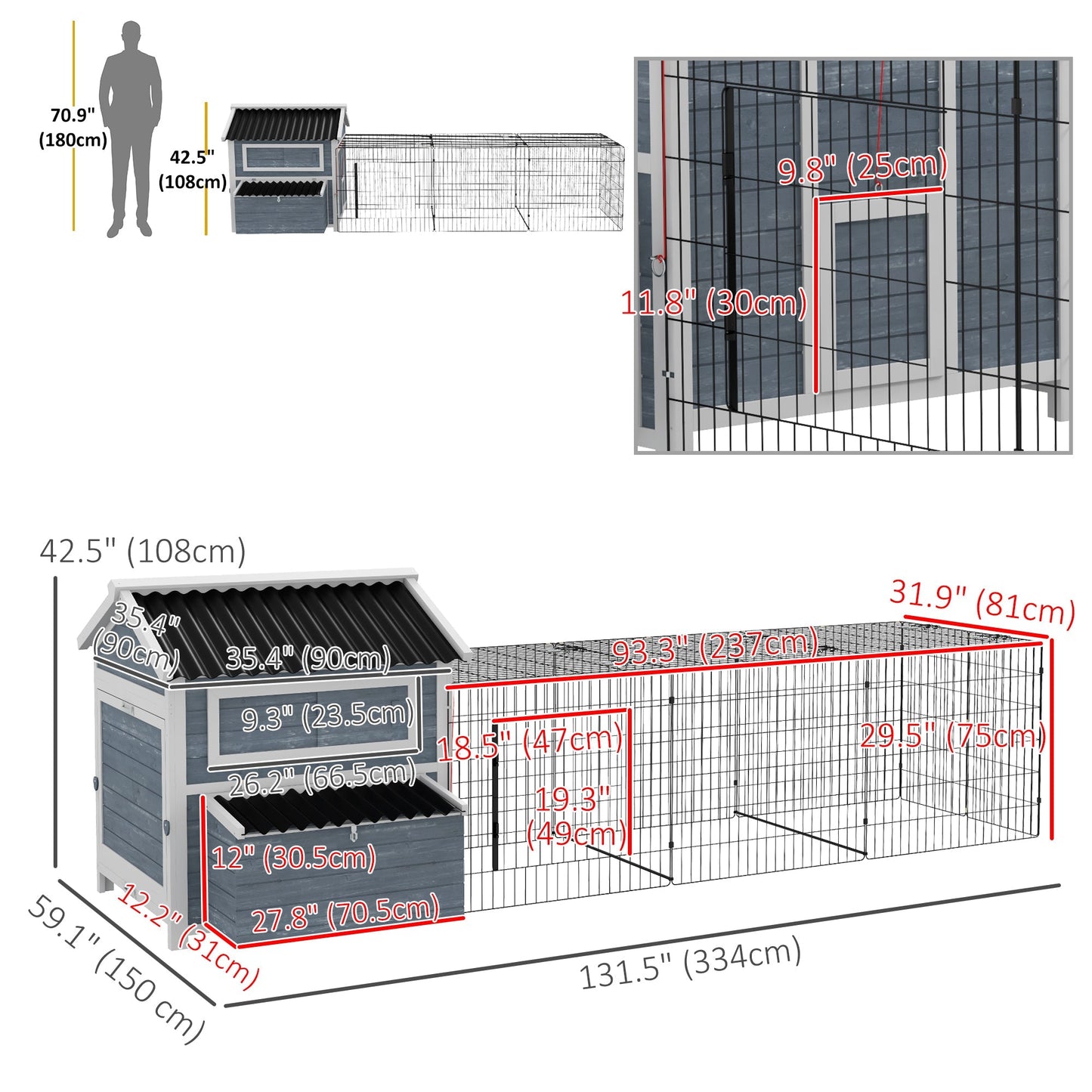 11' x 5' x 3.5' Chicken Coop Wooden with Run, Nesting Boxes Slide-out Tray, Perches for 2-4 Chickens, Dark Grey Chicken Coops Dark Grey  at Gallery Canada