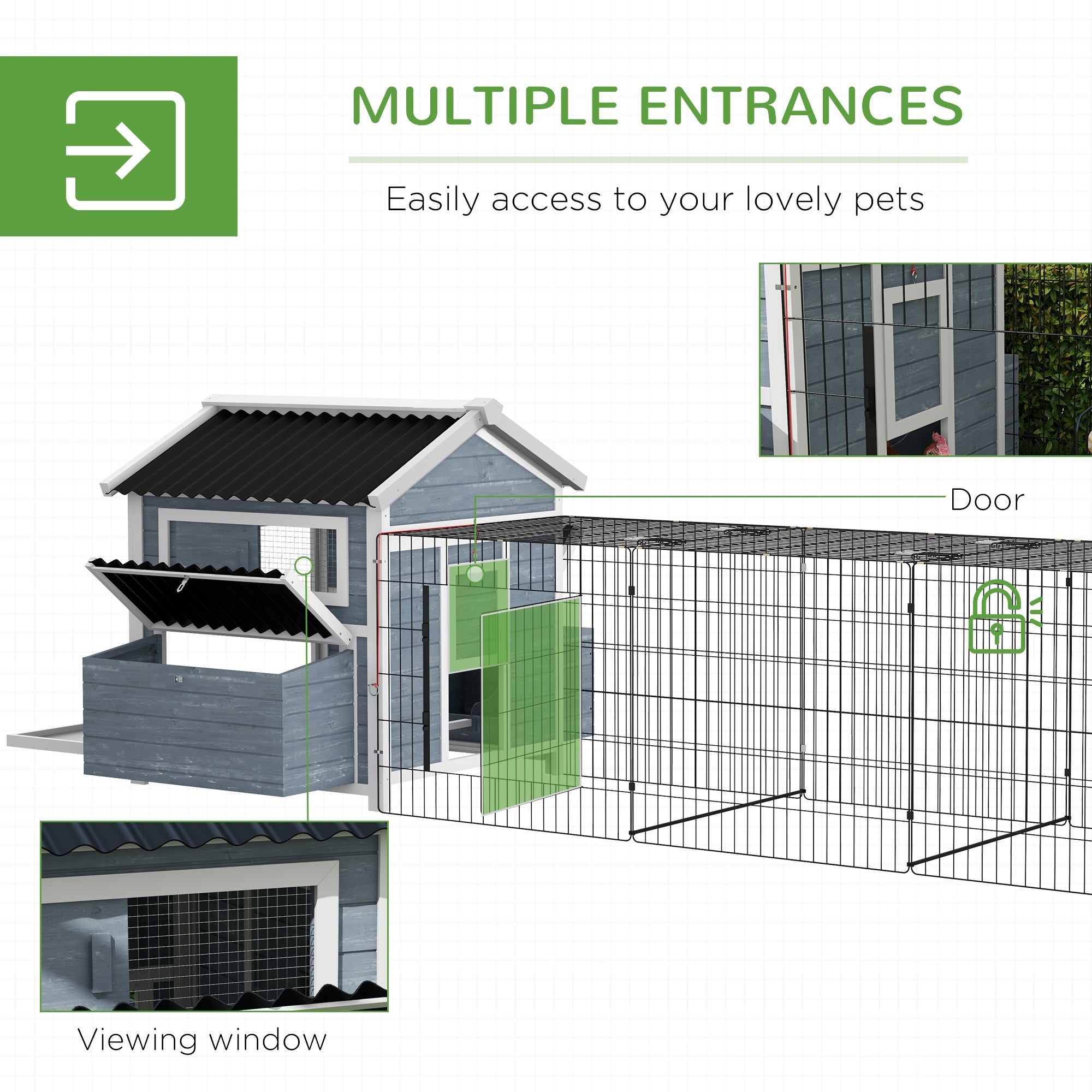 11' x 5' x 3.5' Chicken Coop Wooden with Run, Nesting Boxes Slide-out Tray, Perches for 2-4 Chickens, Dark Grey Chicken Coops   at Gallery Canada