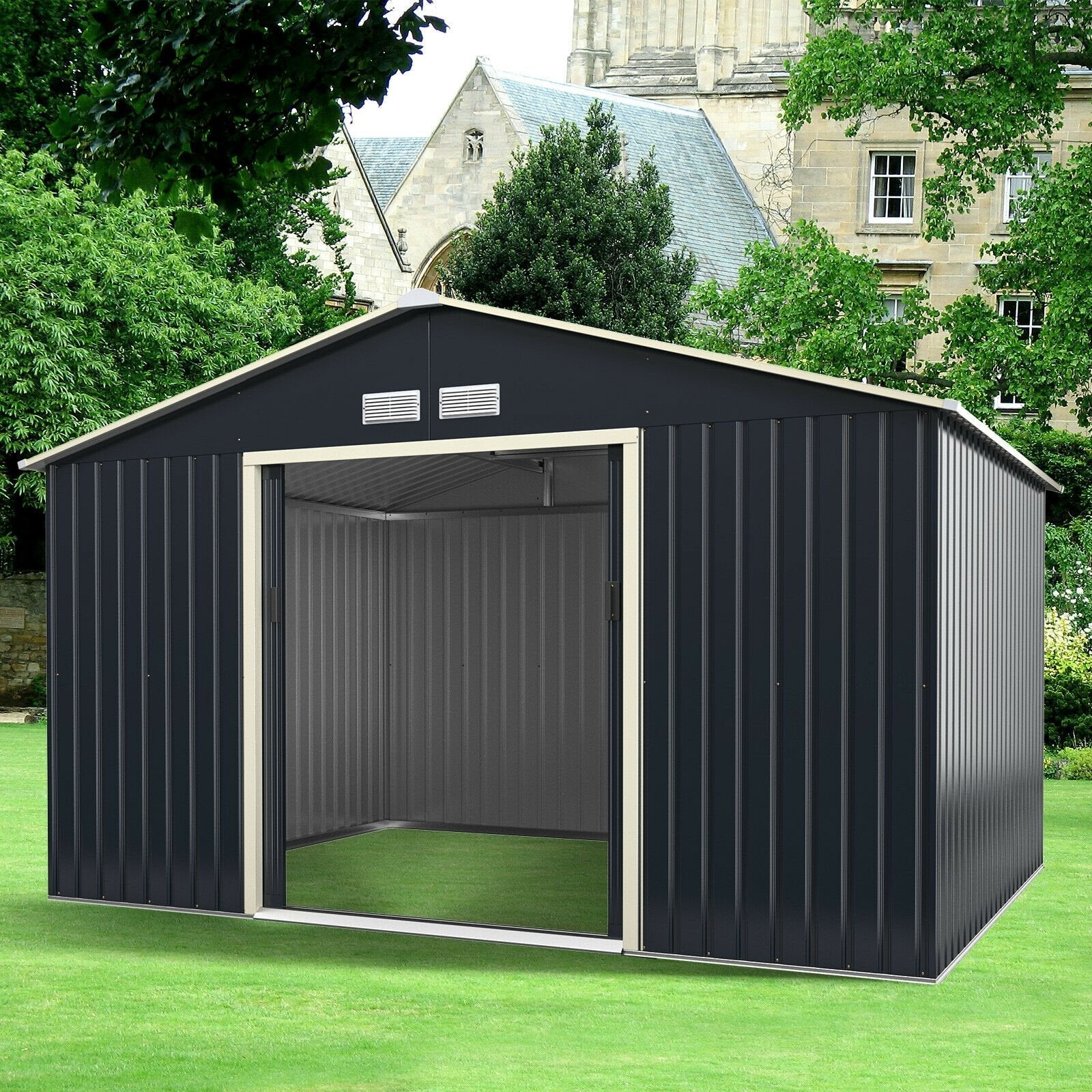 11 x 8 Feet Metal Storage Shed for Garden and Tools with 2 Lockable Sliding Doors, Gray Sheds & Outdoor Storage   at Gallery Canada