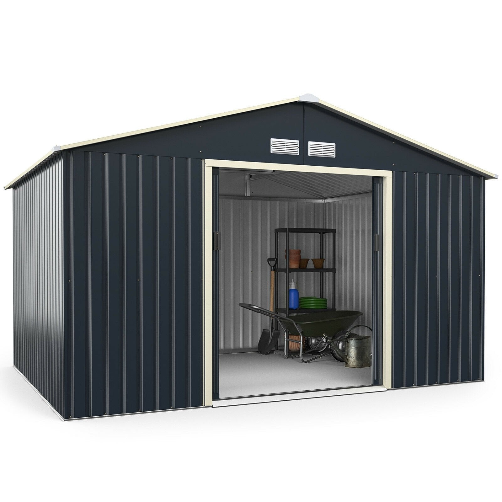 11 x 8 Feet Metal Storage Shed for Garden and Tools with 2 Lockable Sliding Doors, Gray Sheds & Outdoor Storage   at Gallery Canada