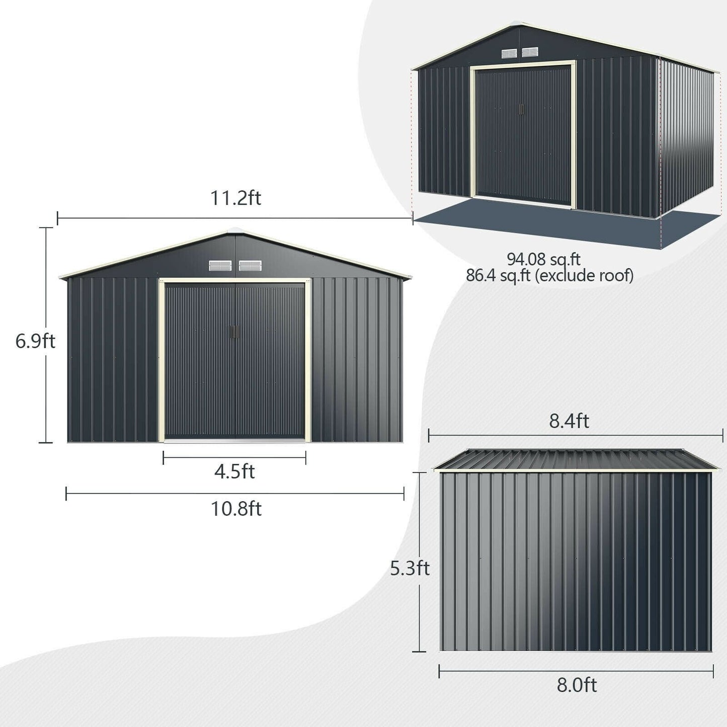 11 x 8 Feet Metal Storage Shed for Garden and Tools with 2 Lockable Sliding Doors, Gray Sheds & Outdoor Storage   at Gallery Canada