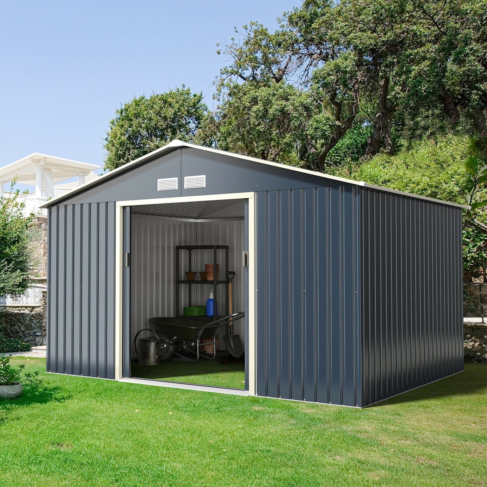 11 x 8 Feet Metal Storage Shed for Garden and Tools with 2 Lockable Sliding Doors, Gray Sheds & Outdoor Storage   at Gallery Canada