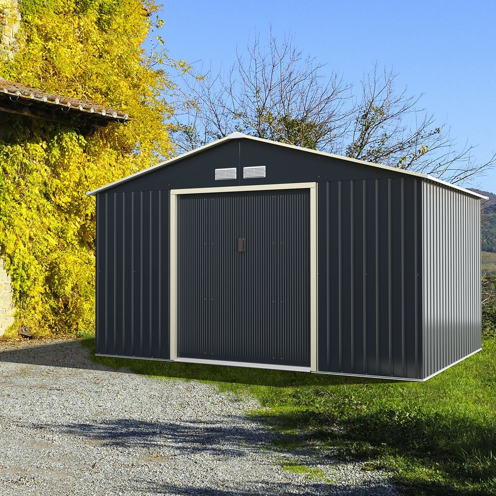 11 x 8 Feet Metal Storage Shed for Garden and Tools with 2 Lockable Sliding Doors, Gray Sheds & Outdoor Storage   at Gallery Canada