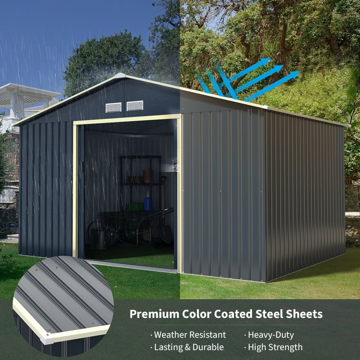 11 x 8 Feet Metal Storage Shed for Garden and Tools with 2 Lockable Sliding Doors, Gray Sheds & Outdoor Storage   at Gallery Canada