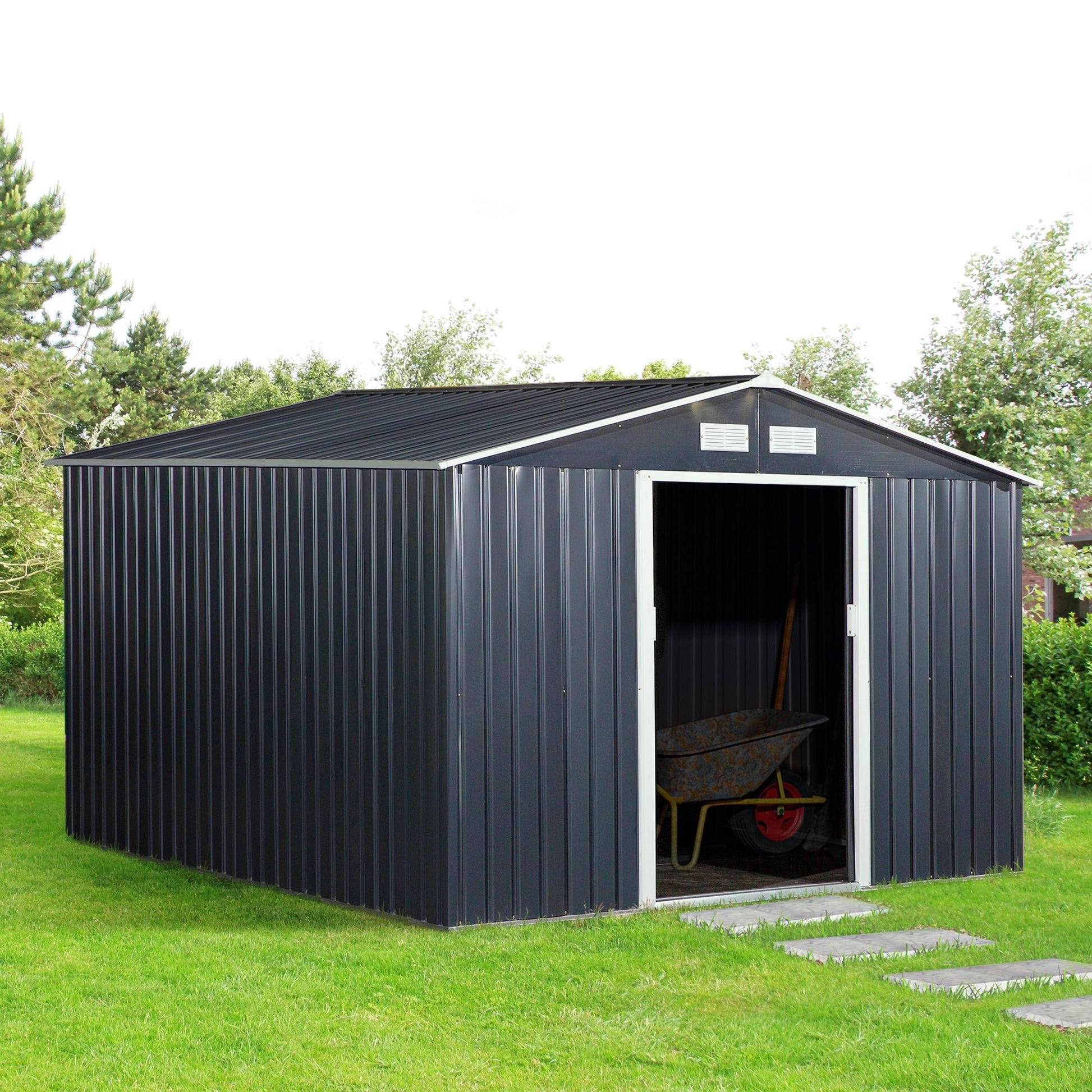 11' x 9' Metal Storage Shed Garden Tool House with Double Sliding Doors, 4 Air Vents for Backyard, Patio, Lawn Dark Grey Sheds   at Gallery Canada