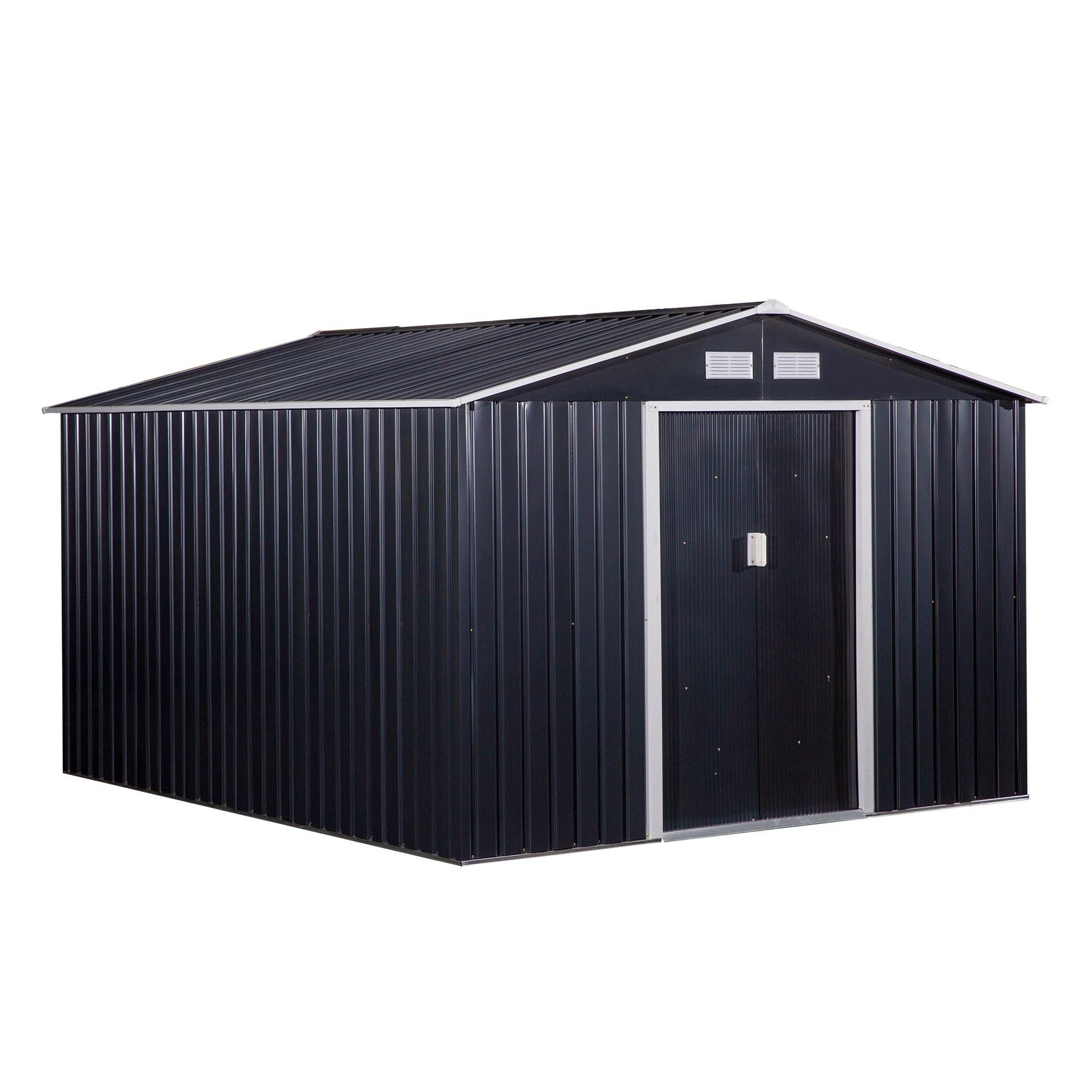 11' x 9' Metal Storage Shed Garden Tool House with Double Sliding Doors, 4 Air Vents for Backyard, Patio, Lawn Dark Grey Sheds Dark Grey  at Gallery Canada