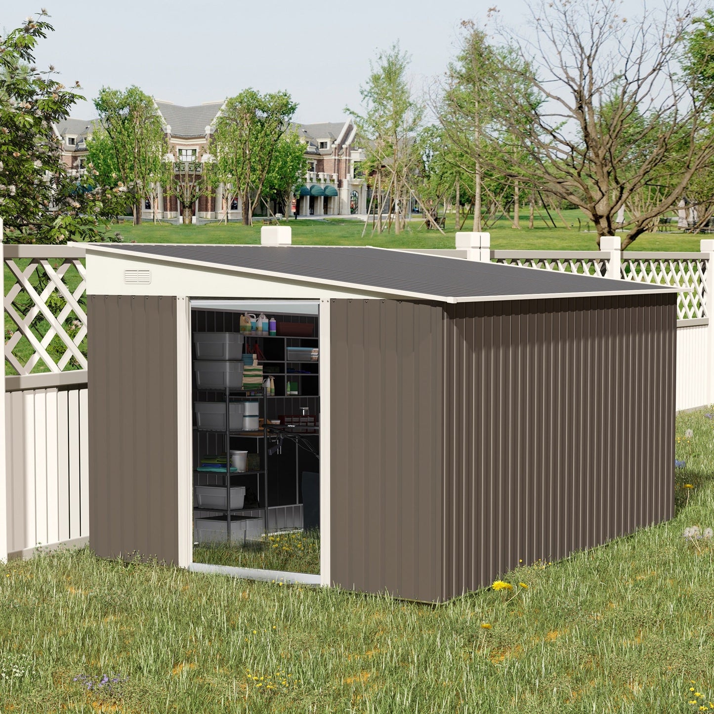 11' x 9' Steel Garden Storage Shed, Outdoor Metal Tool House with Double Sliding Doors &; 2 Air Vents, Grey Sheds   at Gallery Canada