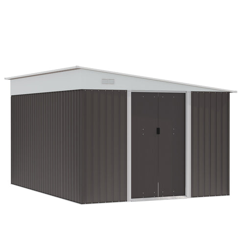 11' x 9' Steel Garden Storage Shed, Outdoor Metal Tool House with Double Sliding Doors &; 2 Air Vents, Grey