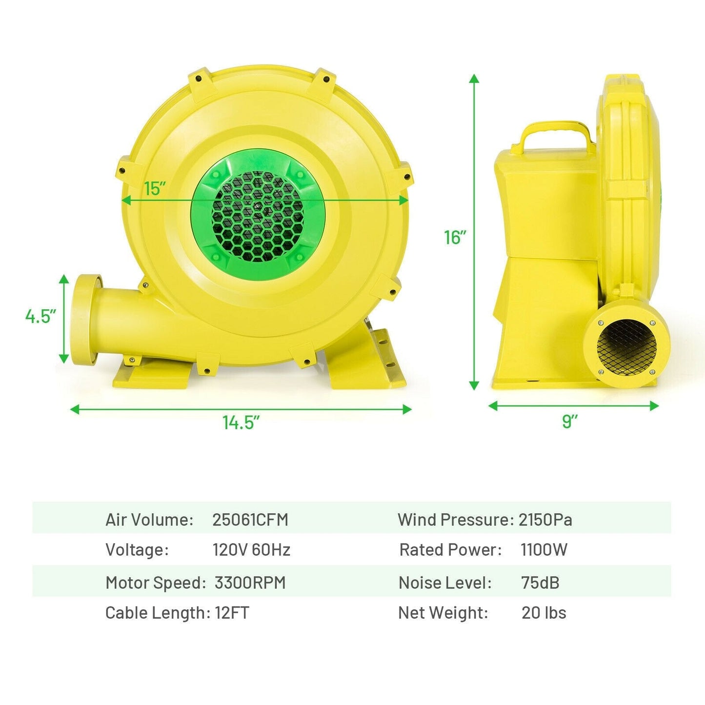 1100W Air Blower Inflatable Blower for Inflatable Bounce House, Yellow Air Blowers   at Gallery Canada