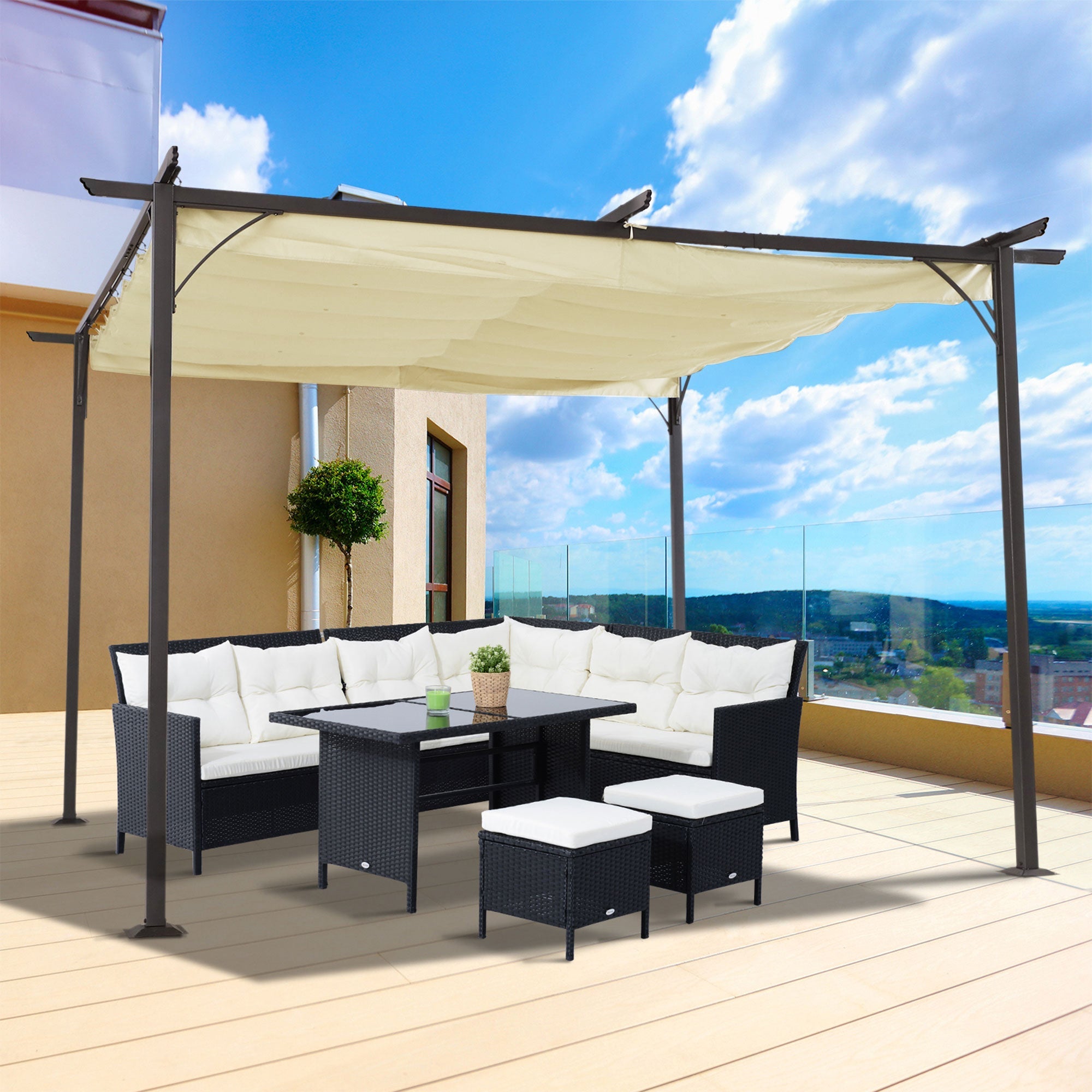 11.5’ Backyard Shelter Retractable Sun Shade Covered Pergola with Steel Frame, Beige Pergolas   at Gallery Canada