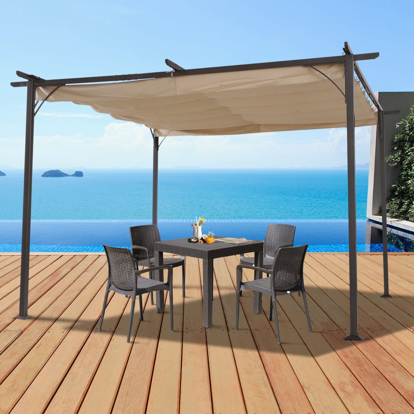 11.5’ Backyard Shelter Retractable Sun Shade Covered Pergola with Steel Frame, Beige Pergolas   at Gallery Canada