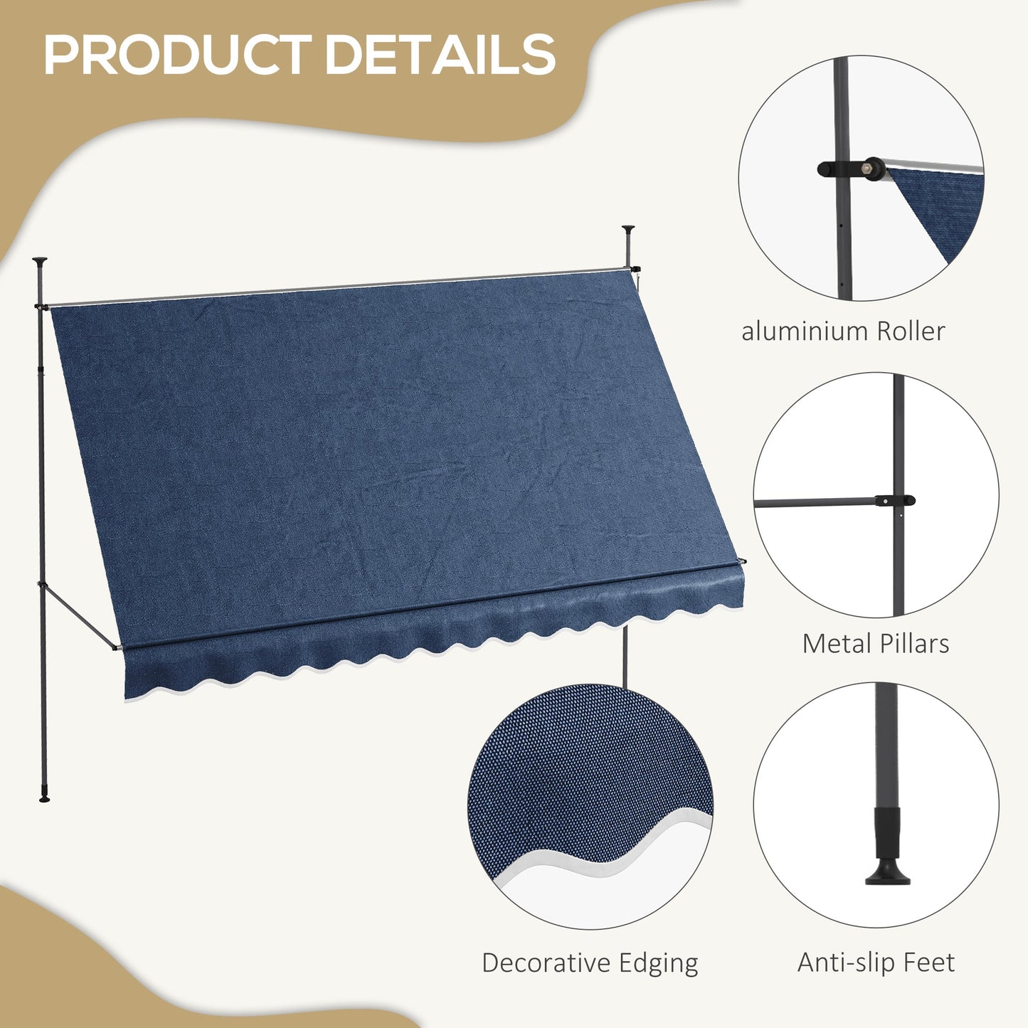 11.5' x 4' Manual Retractable Awning, Non-Screw Freestanding Patio Awning, UV Resistant, for Window or Door, Blue Patio Awnings   at Gallery Canada