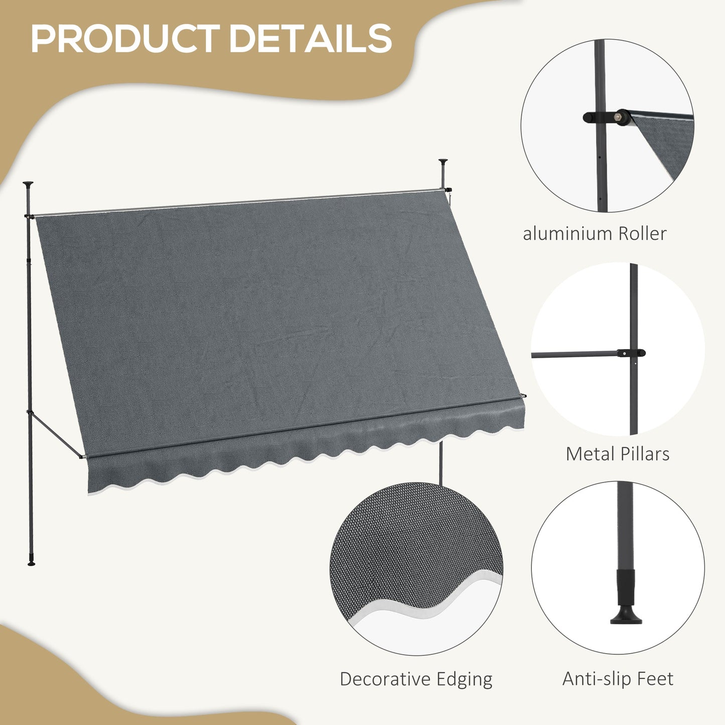 11.5' x 4' Manual Retractable Awning, Non-Screw Freestanding Patio Awning, UV Resistant, for Window or Door, Dark Grey Patio Awnings   at Gallery Canada