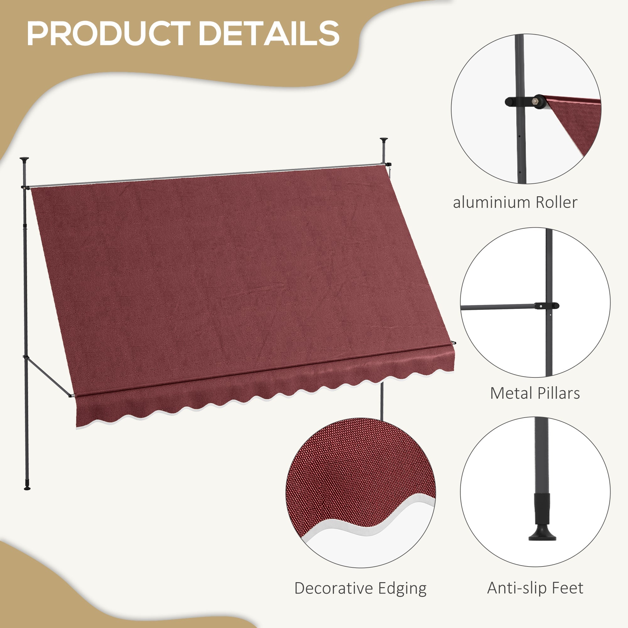 11.5' x 4' Manual Retractable Awning, Non-Screw Freestanding Patio Awning, UV Resistant, for Window or Door, Wine Red Patio Awnings   at Gallery Canada