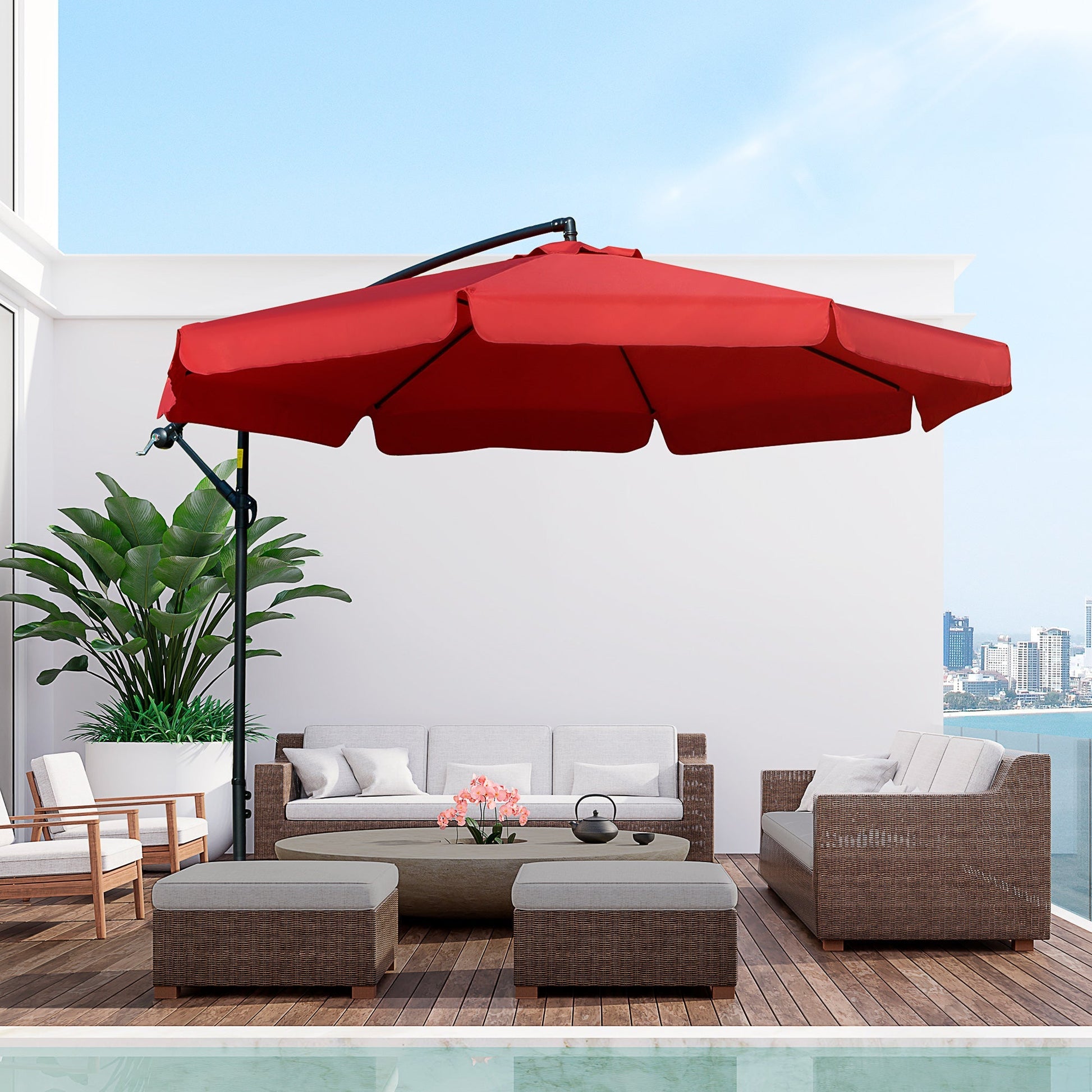 11FT Offset Hanging Patio Umbrella Cantilever Umbrella with Easy Tilt Adjustment, Cross Base and 8 Ribs for Backyard, Poolside, Lawn and Garden, Red Cantilever Umbrellas   at Gallery Canada