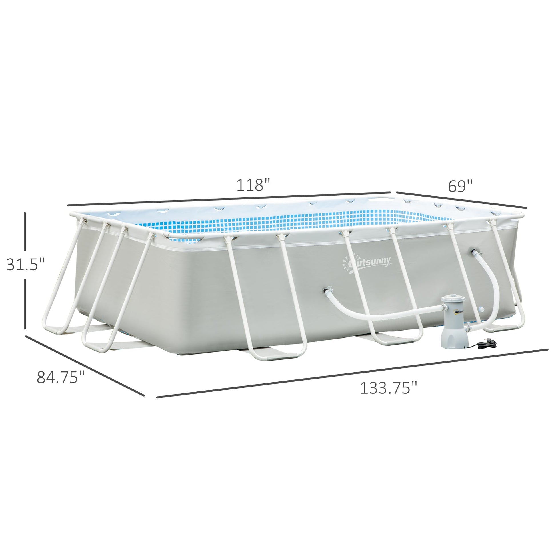 11ft x 7ft x 32in Steel Frame Pool with Nano Filter Pump, Outdoor Rectangular Frame Above Ground Swimming Pool, Light Grey - Gallery Canada