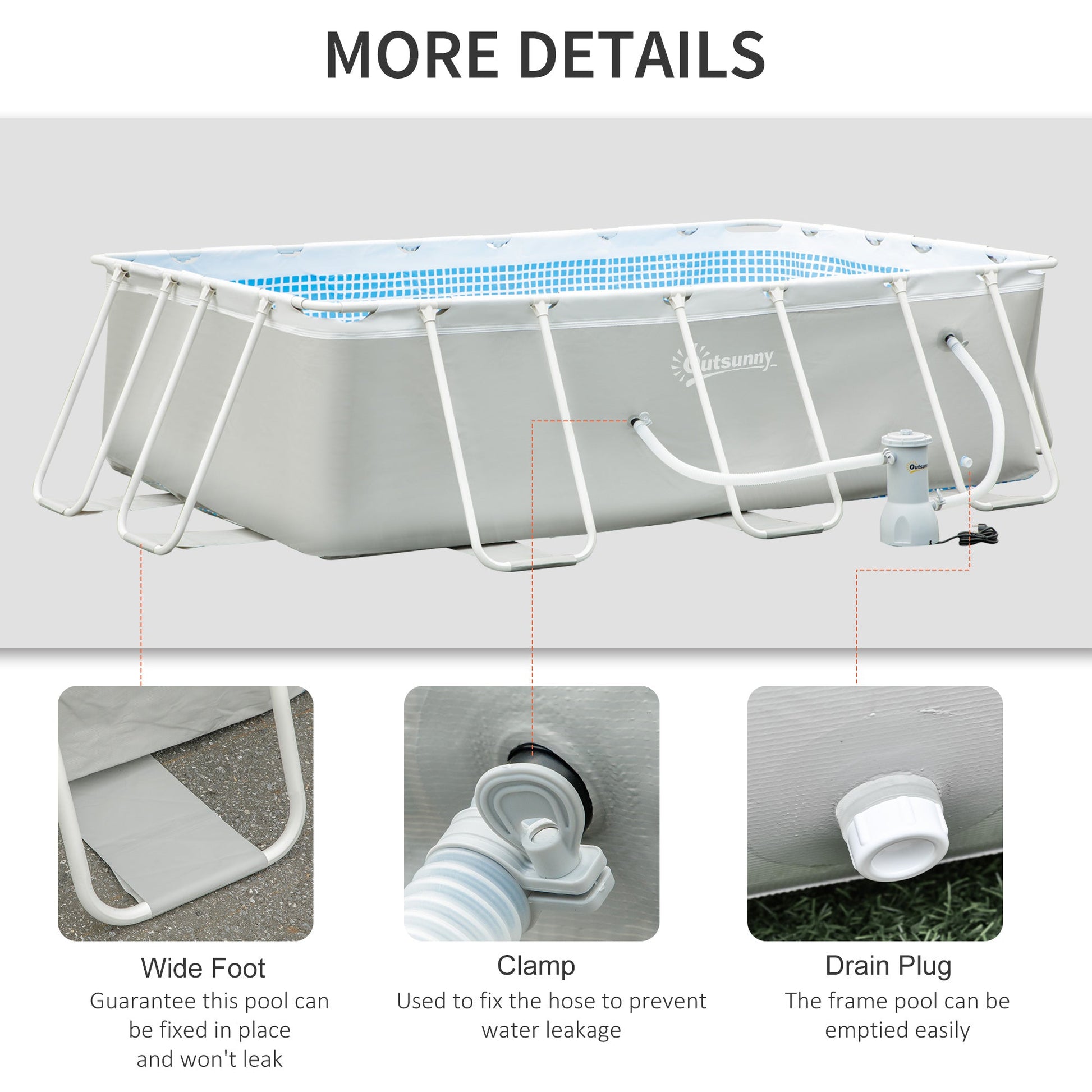 11ft x 7ft x 32in Steel Frame Pool with Nano Filter Pump, Outdoor Rectangular Frame Above Ground Swimming Pool, Light Grey - Gallery Canada