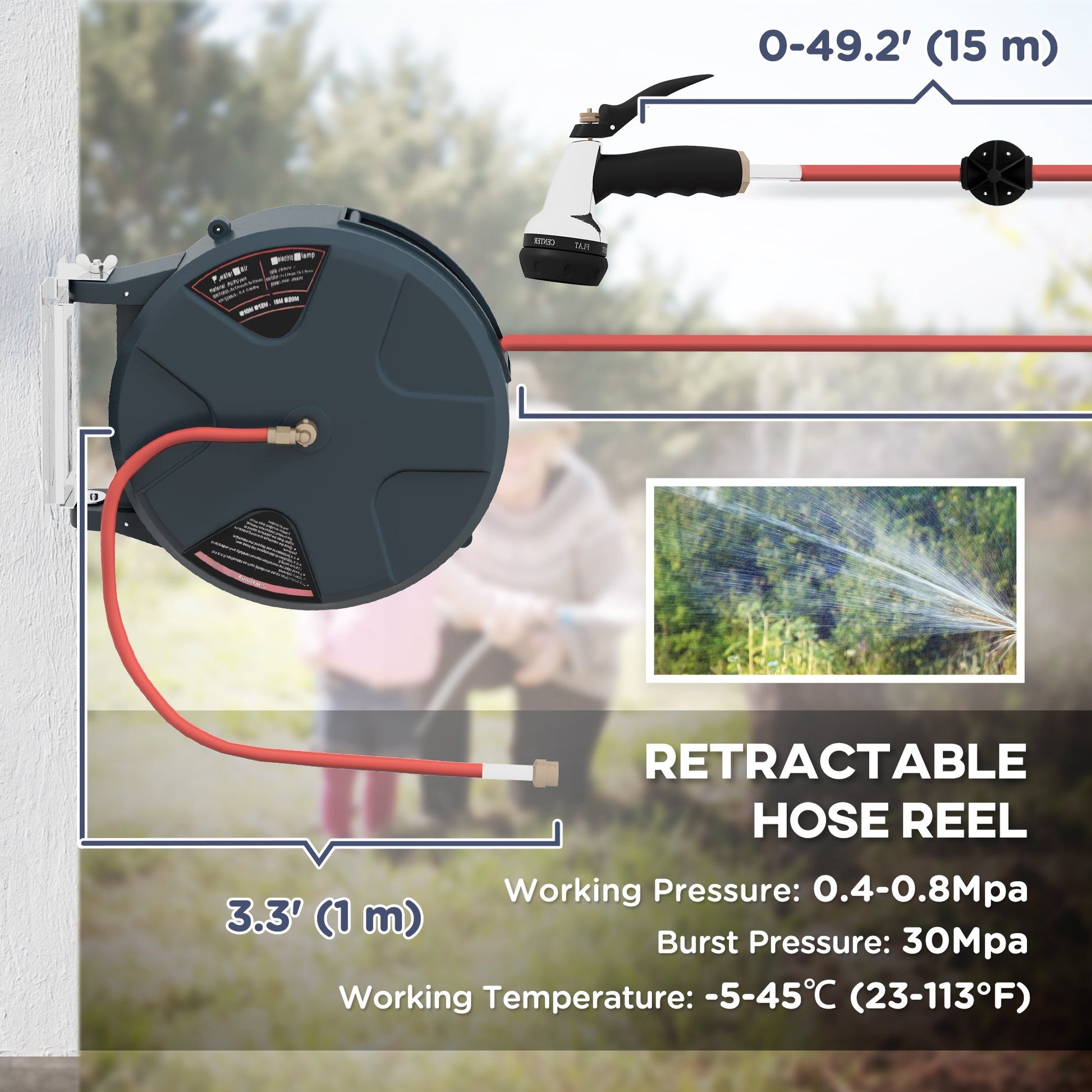 1/2" 49ft Retractable Hose Reel with 8 Pattern Hose Nozzle, Any Length Lock, Auto Rewind System &; 180° Swivel Bracket Garden Accessories   at Gallery Canada