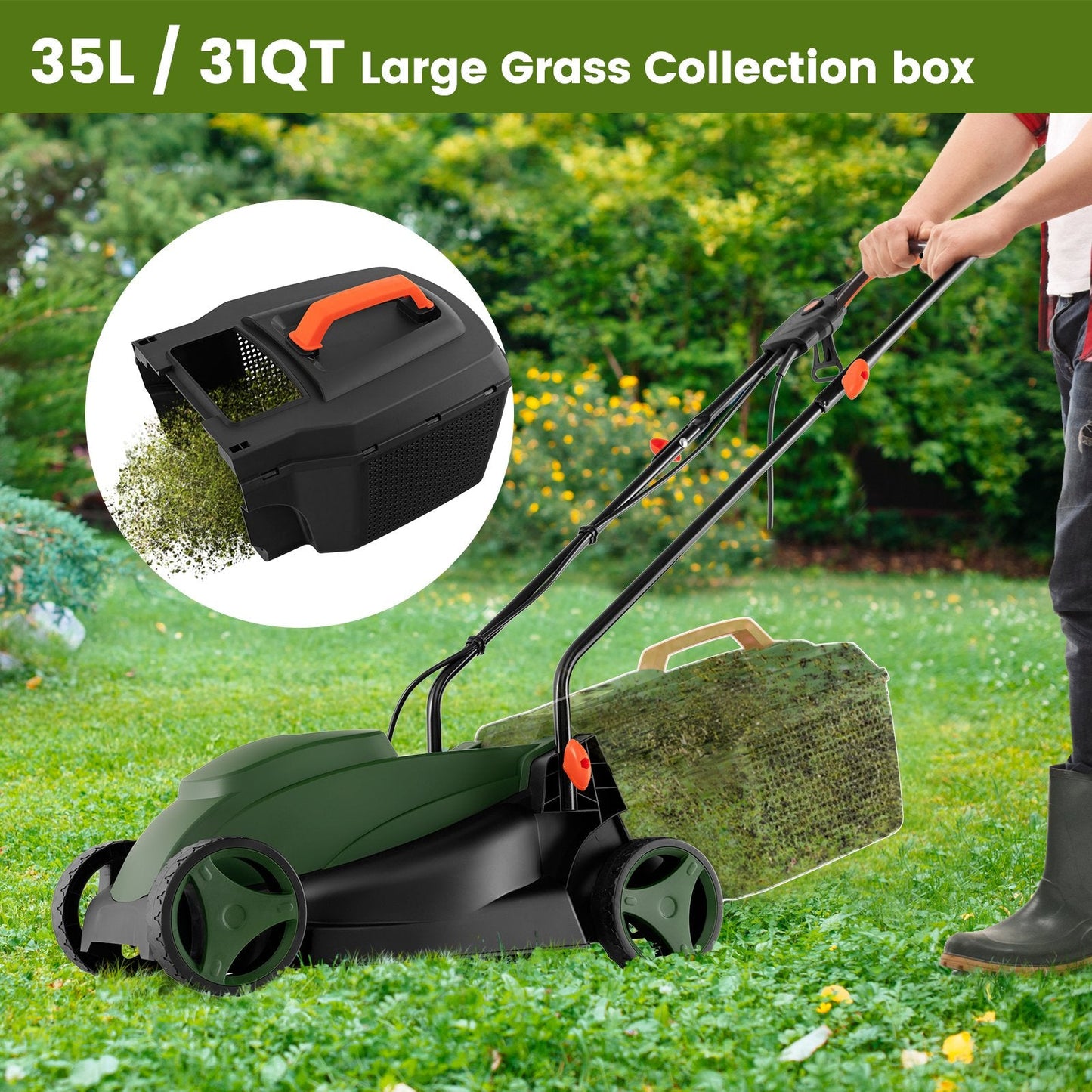 12-AMP 13.5 Inch Adjustable Electric Corded Lawn Mower with Collection Box, Green Lawn Care Tools   at Gallery Canada