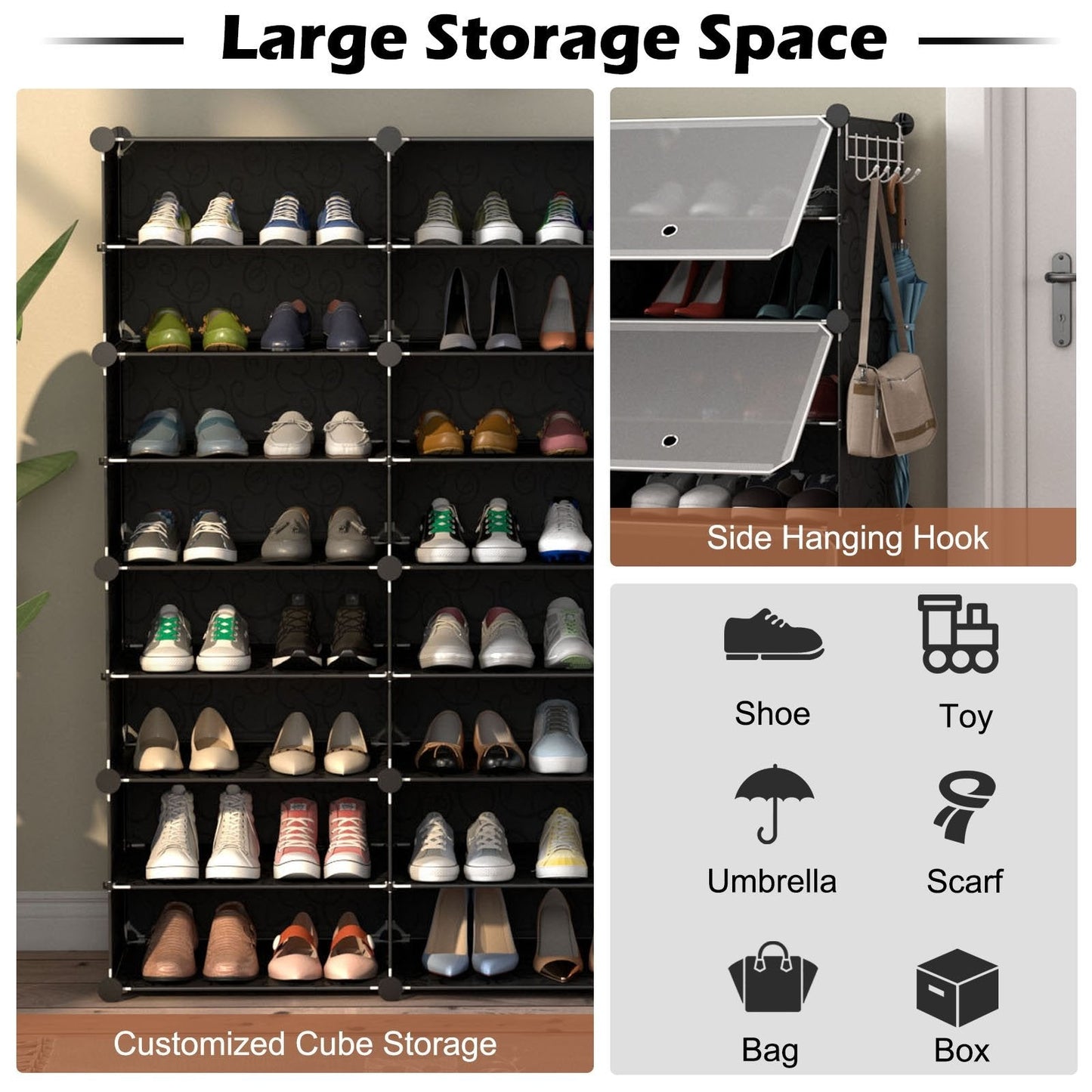 12-Cube 48 Pairs Portable Shoe Shelves with Hook, Black Shoe Racks & Storage Benches   at Gallery Canada