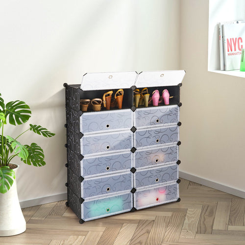 12-Cube DIY Portable Plastic Shoe Rack with Transparent Doors, Black