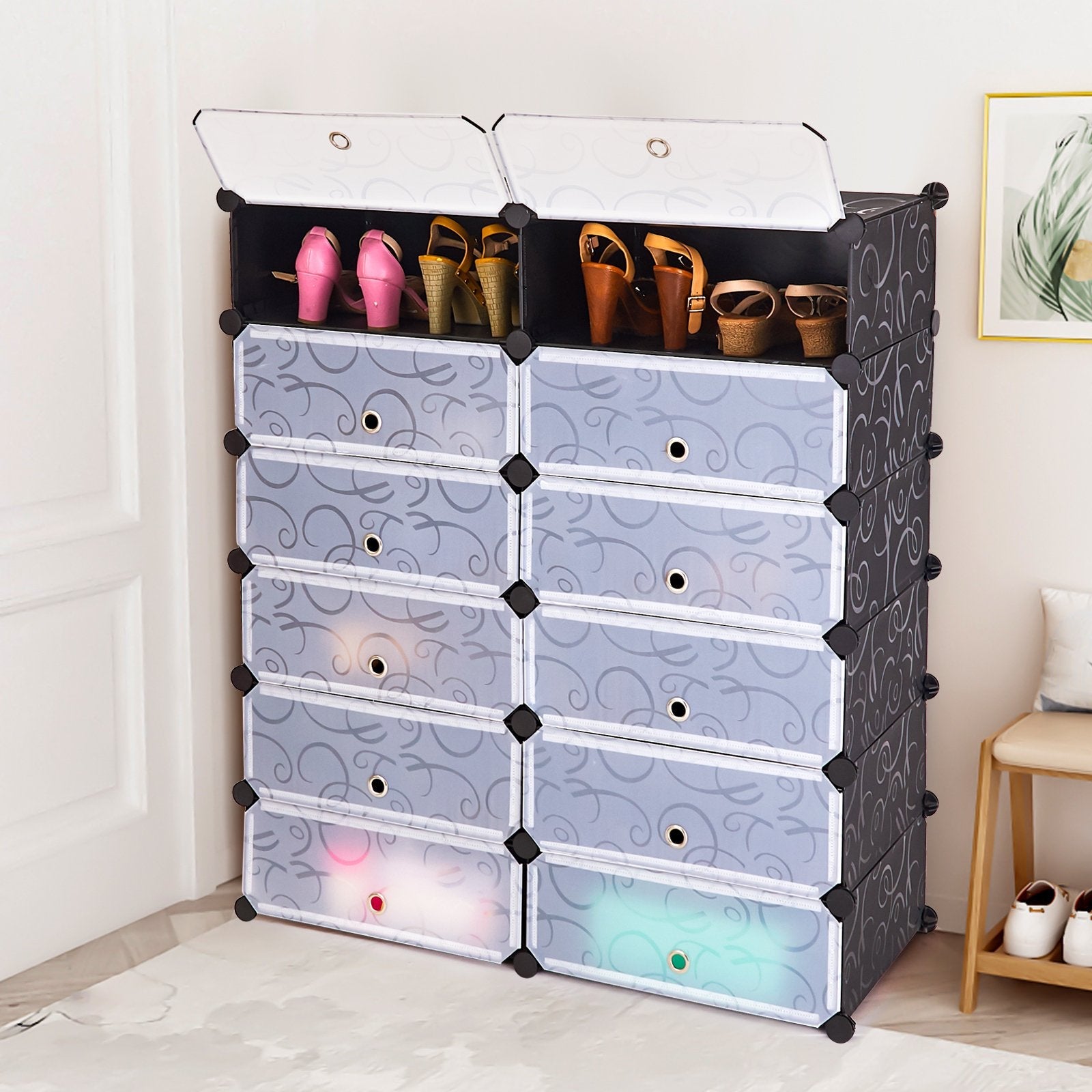 12-Cube DIY Portable Plastic Shoe Rack with Transparent Doors, Black Shoe Racks & Storage Benches   at Gallery Canada