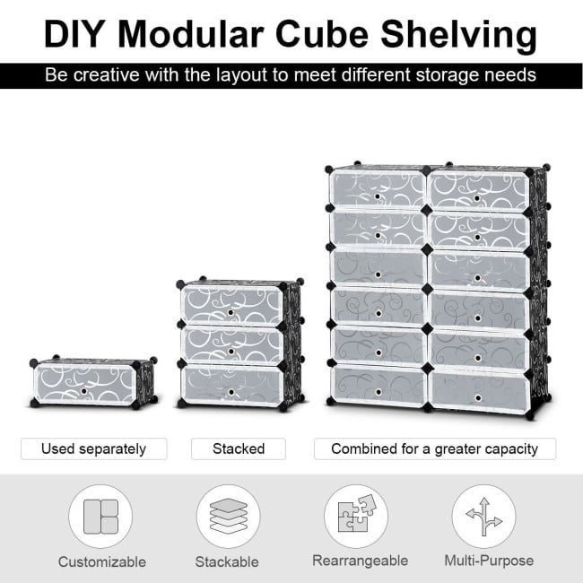 12-Cube DIY Portable Plastic Shoe Rack with Transparent Doors, Black Shoe Racks & Storage Benches   at Gallery Canada