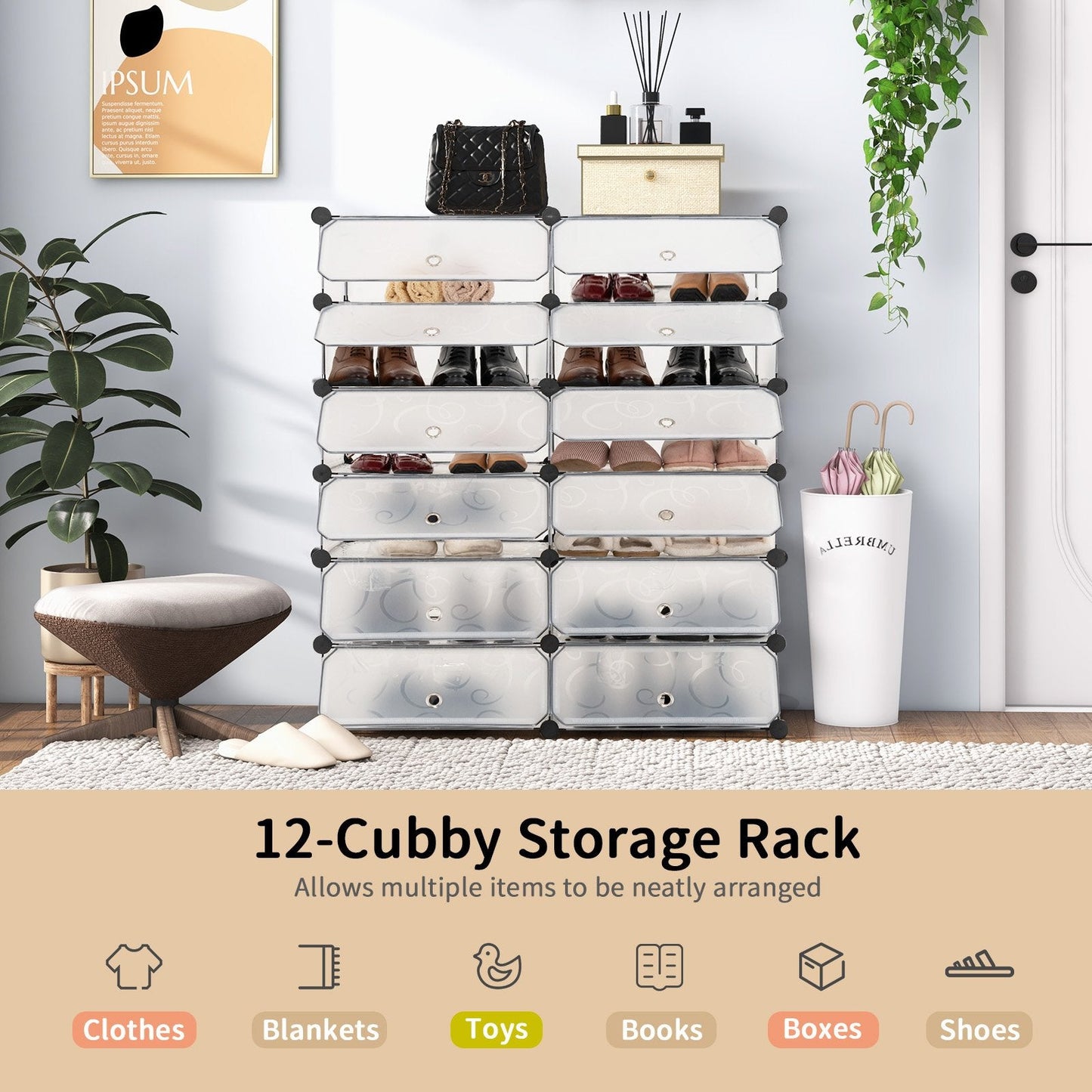 12-Cube DIY Portable Plastic Shoe Rack with Transparent Doors, White Shoe Racks & Storage Benches   at Gallery Canada