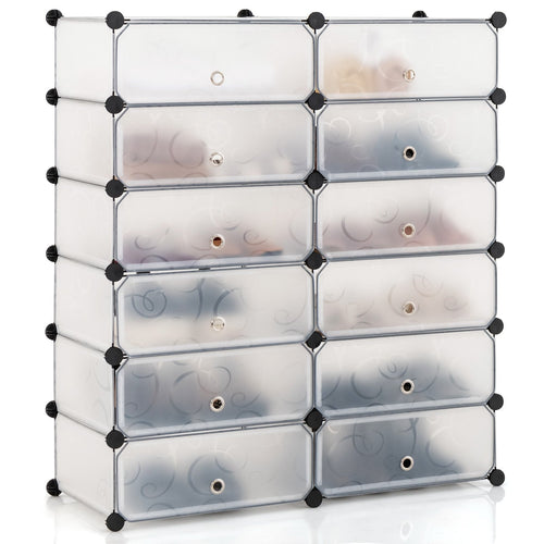 12-Cube DIY Portable Plastic Shoe Rack with Transparent Doors, White