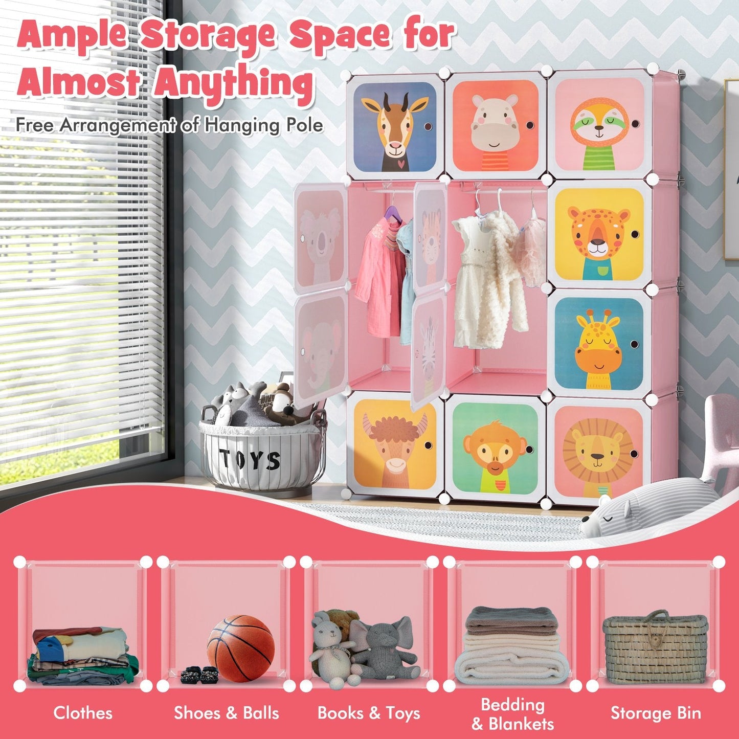 12 Cube Kids Wardrobe Closet with Hanging Section and Doors, Pink Kids Storage   at Gallery Canada