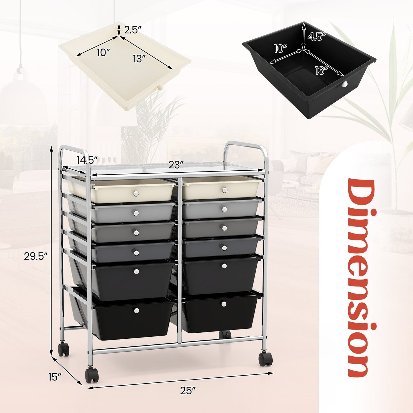 12-Drawer Rolling Storage Cart with Removable Drawers and Lockable Wheels, Gray File Cabinets   at Gallery Canada